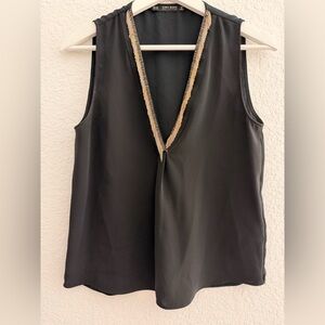 ZARA Basic Black Sleeveless V-Neck Blouse | Gold & Silver Beaded Chain